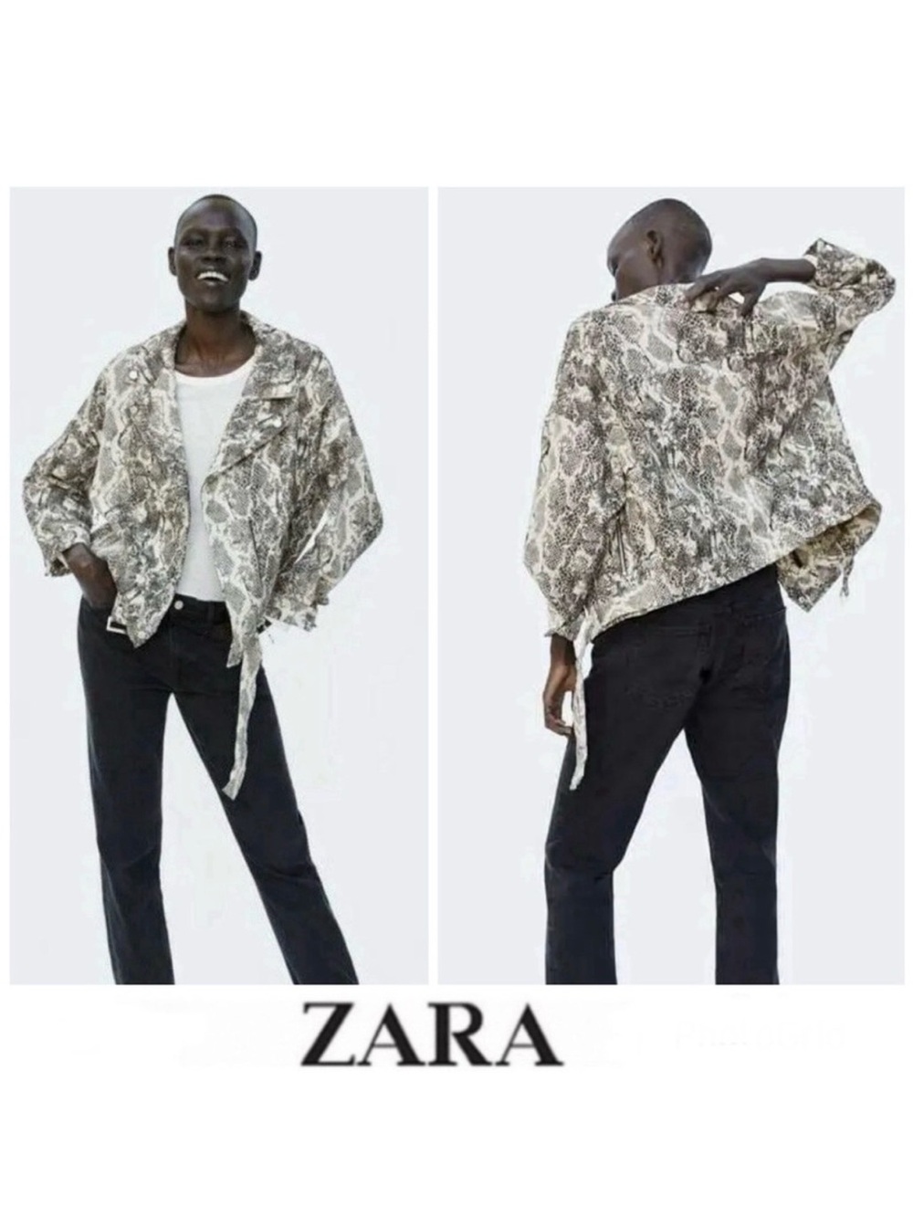 ZARA Snake Animal Print w Belt Buckle 1/2 Zipper Biker Moto Biker Jacket Sz M